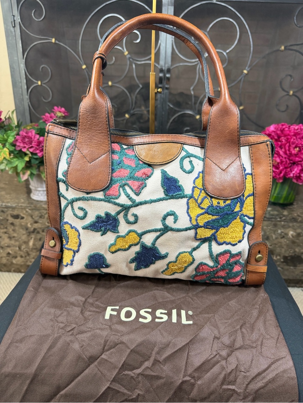 Fossil Brown Leather-Trim Embroidered Floral Tote - Multi